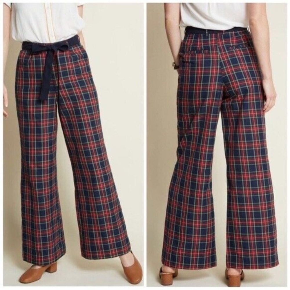 Modcloth Savannah Plaid Tartan Wide Leg Pant Trouser High Rise Holiday Belt Blue